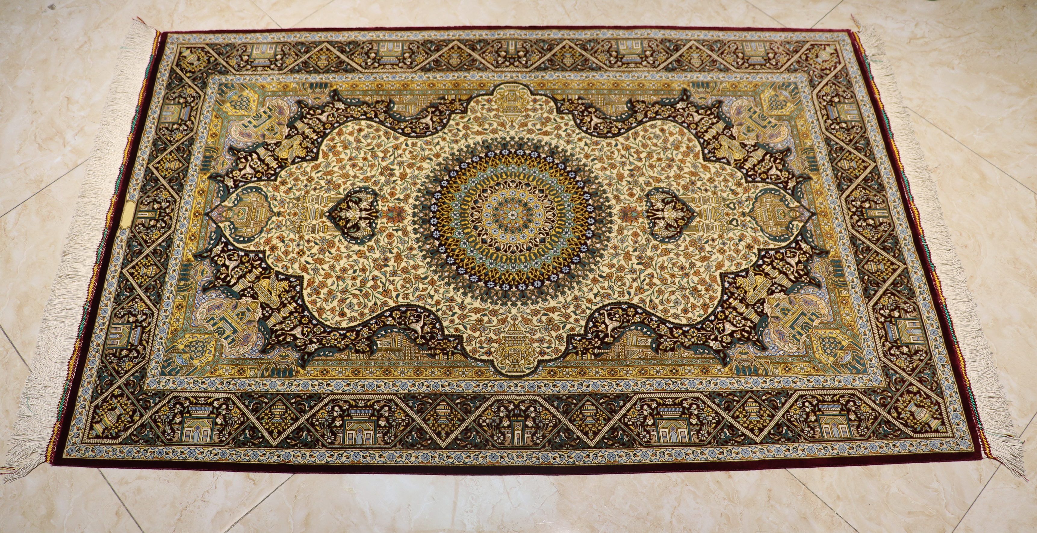 Iranian Rugs, Complete Silk Carpet Lachak Toranj, 154*100 cm